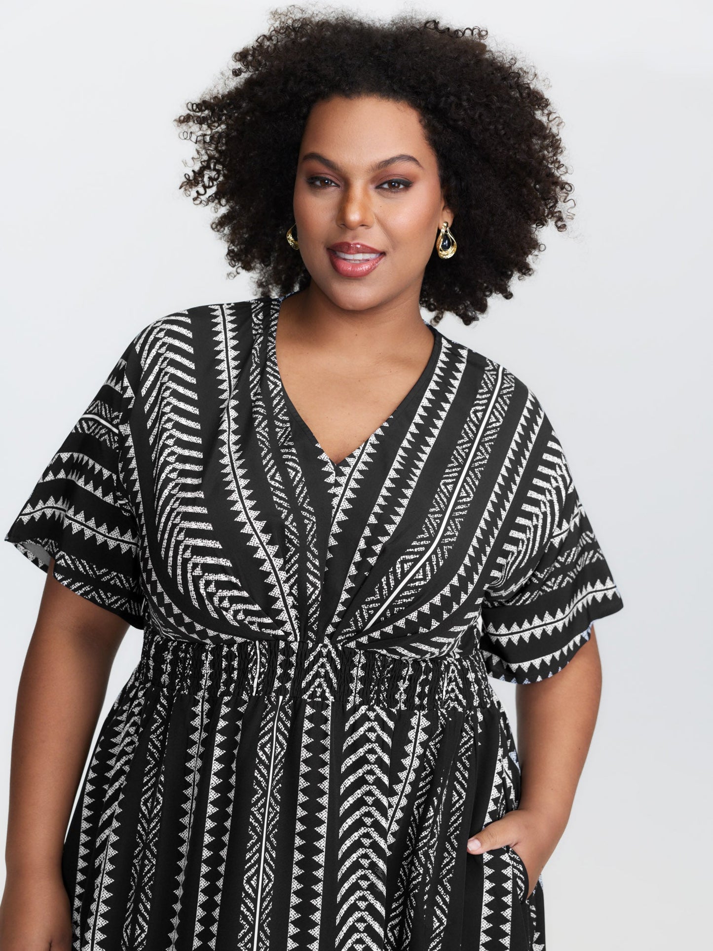 plus size Solid Geometric Dolman Sleeve Pocket Shirred Split Hem Dress