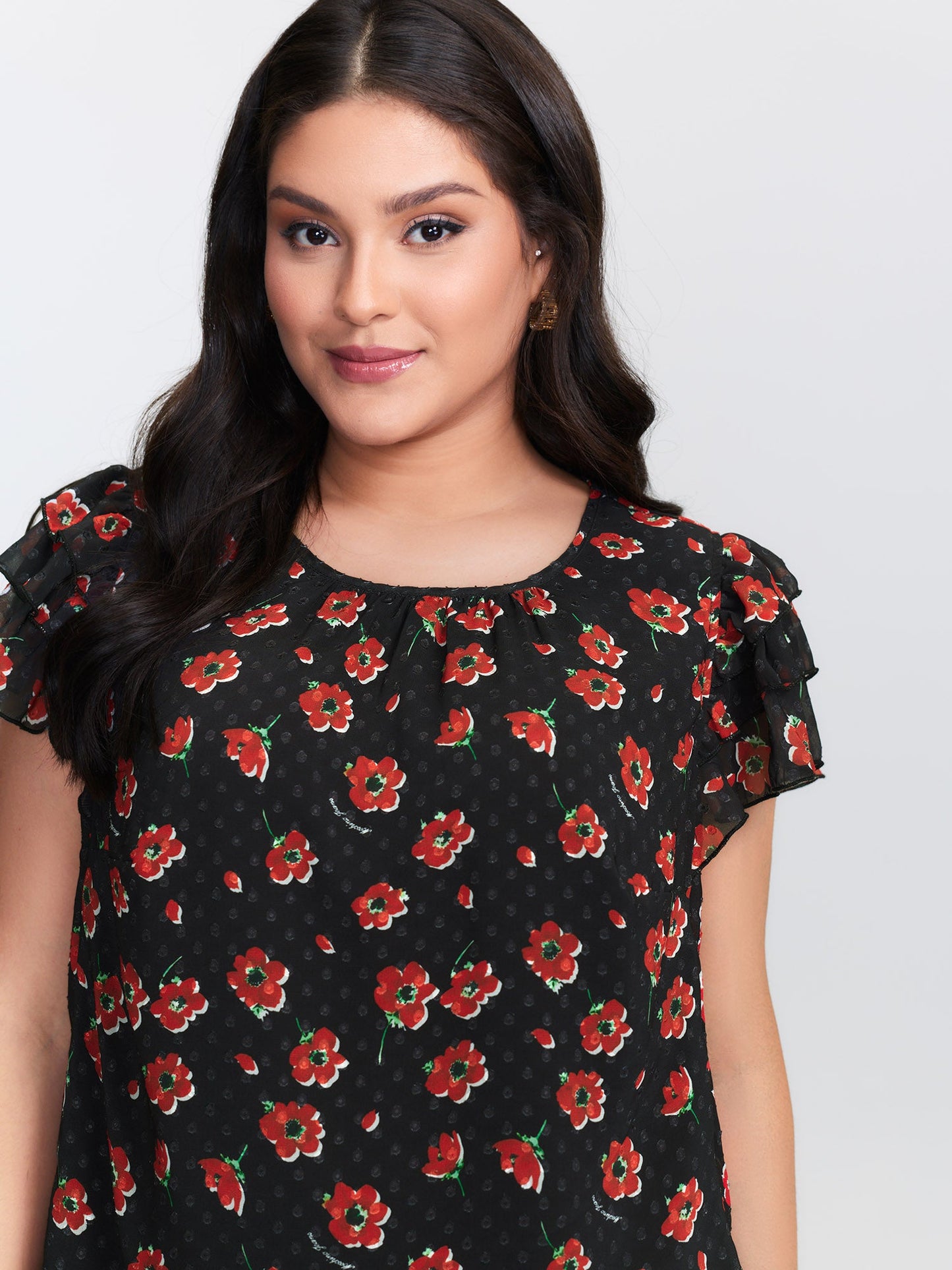 Floral Print Ruffled Sleeve Textured Blouse