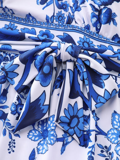 Floral Print Pockets Surplice One-Piece Swimsuit