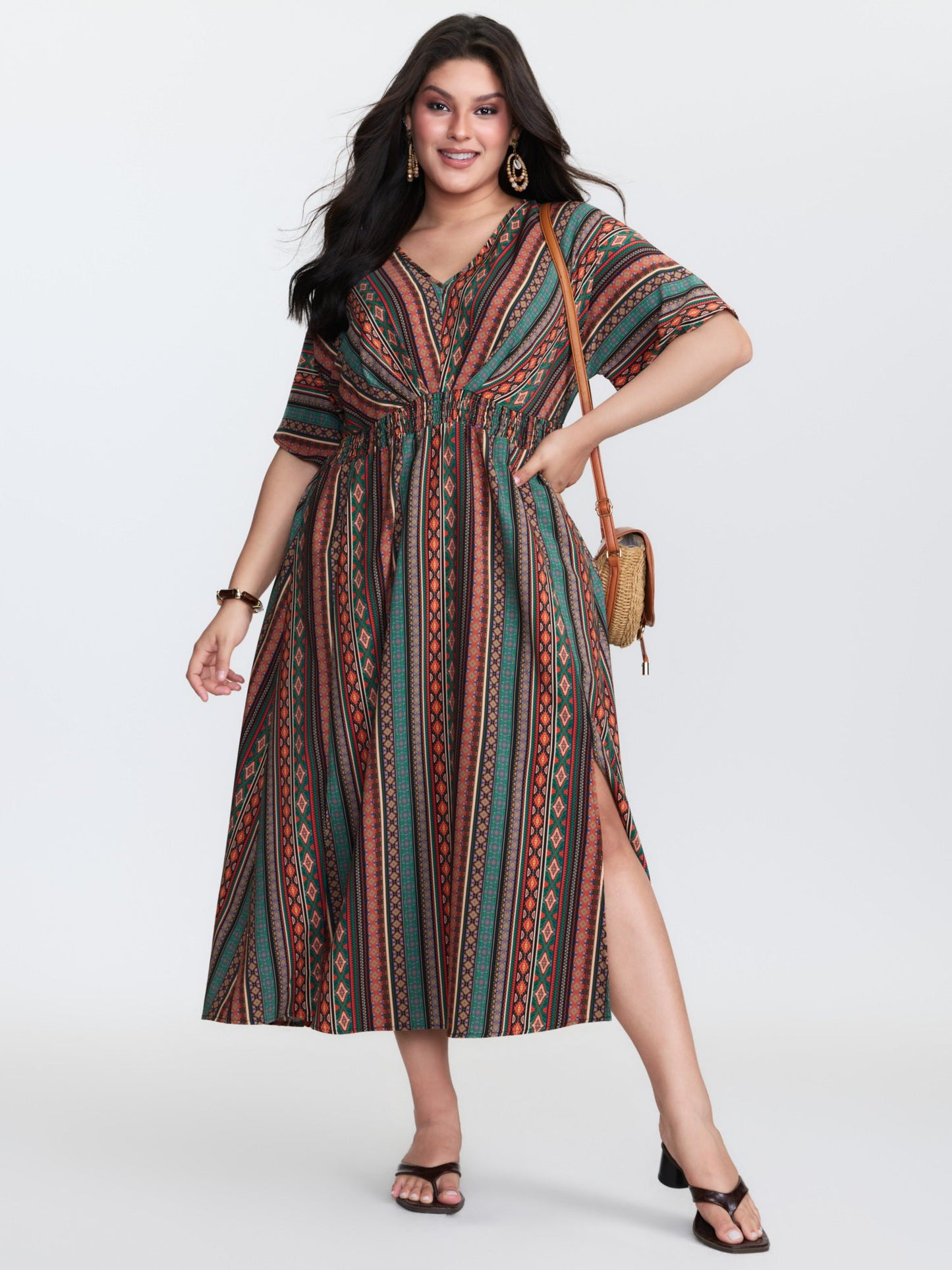 Boho Stripe Print Shirred Waist Midi Dress