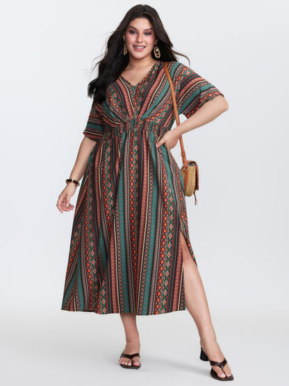 Boho Stripe Print Shirred Waist Midi Dress