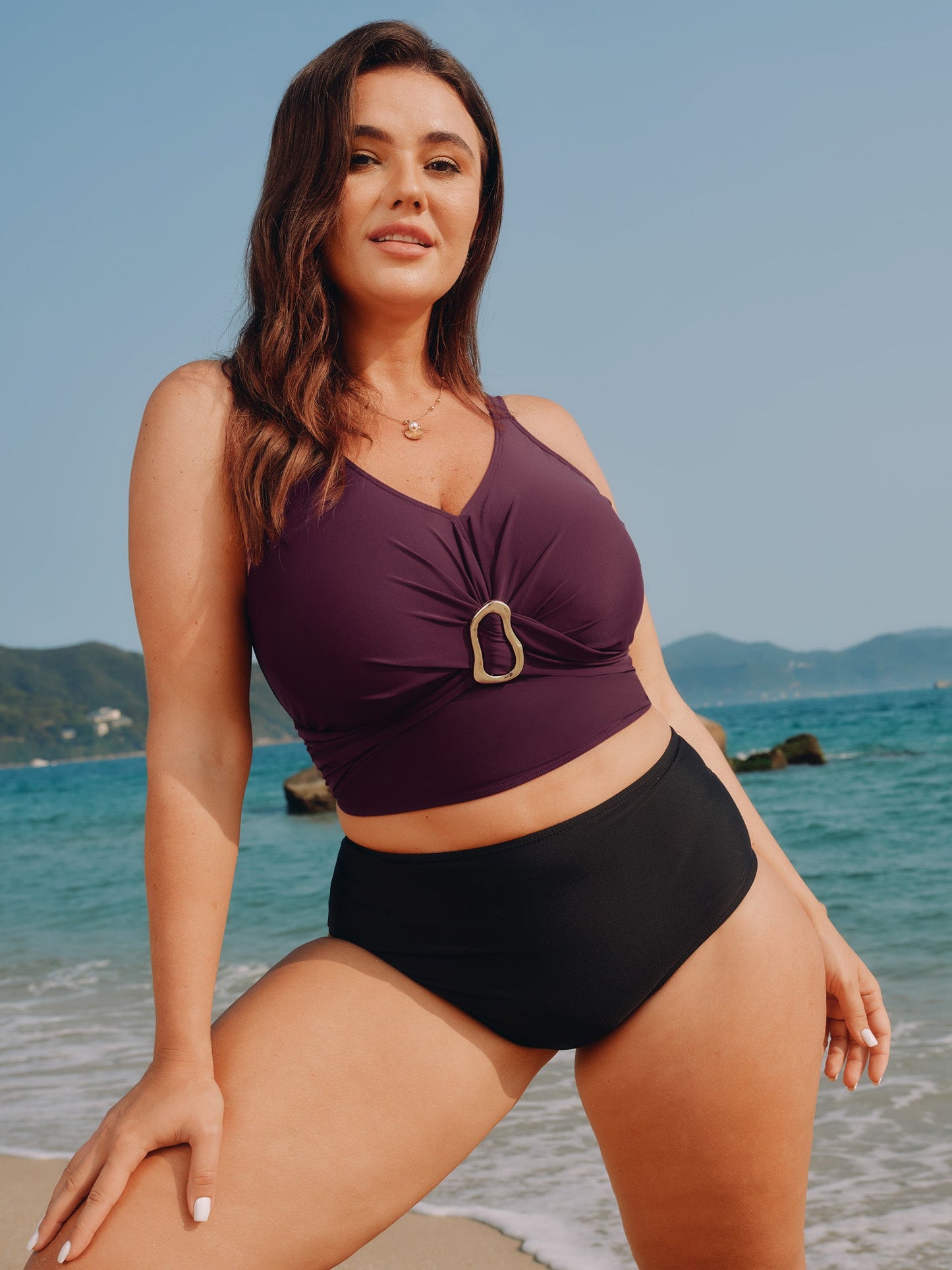 Gathered Metal Buckle Swim Top