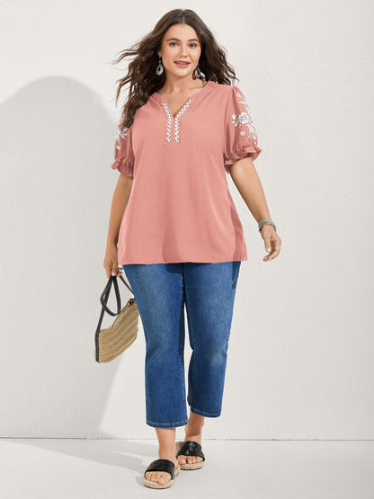 Notched Collar Embroidered Ruffled Blouse