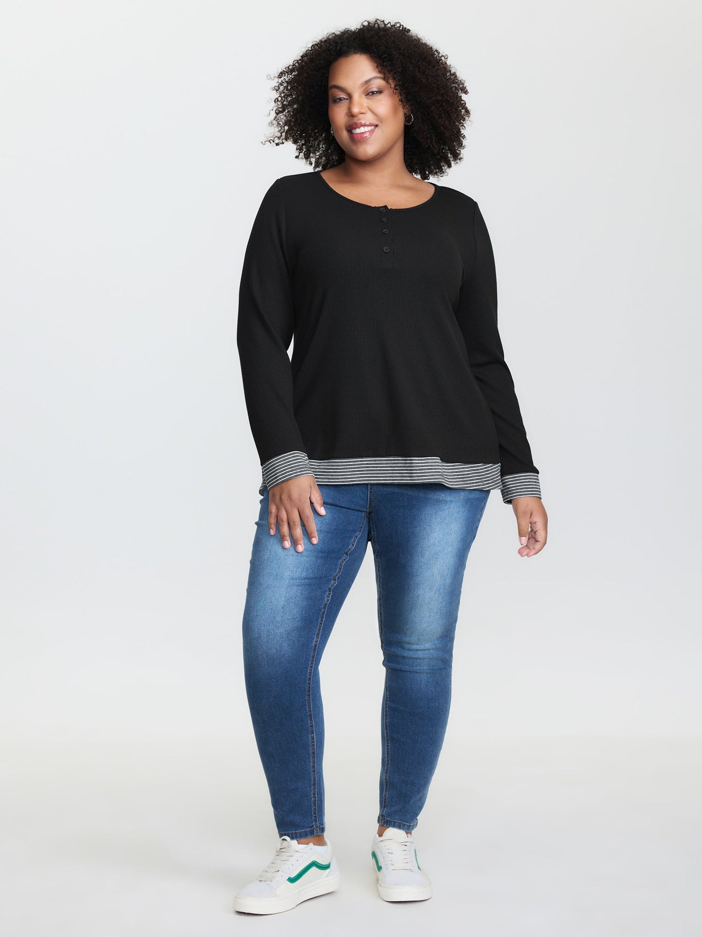 Striped Contrast Button Placket T-Shirt