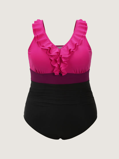 Color Contrast Ruffled Trim One-Piece Swimsuit
