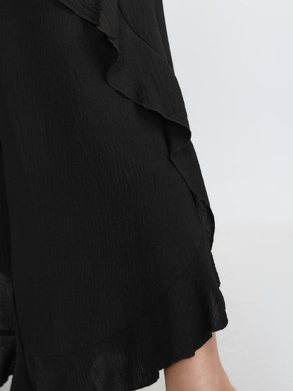 Stretchy Ruffled Trim Wide-Leg Pants
