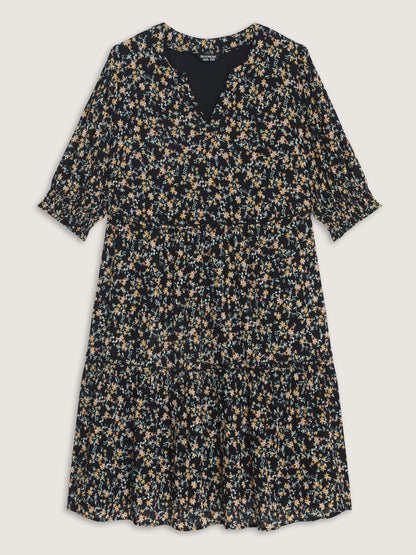 Micro Floral Print Shirred Cuff Mini Dress
