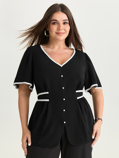 Color Contrast Edge Button Detail Blouse