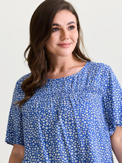 Floral Ruffle Sleeve Gathered Round Neck Blouse