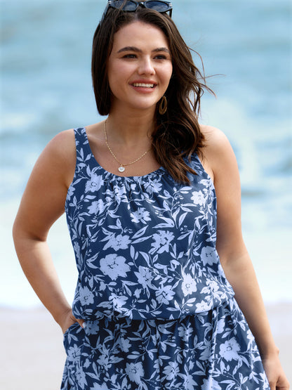 plus size Tropical Flower Print Pockets One-Piece Swimsuit