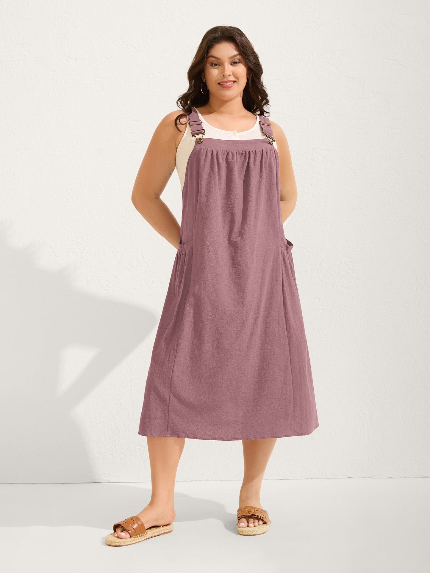 plus size Pure Cotton Pleated Pockets Midi Dress