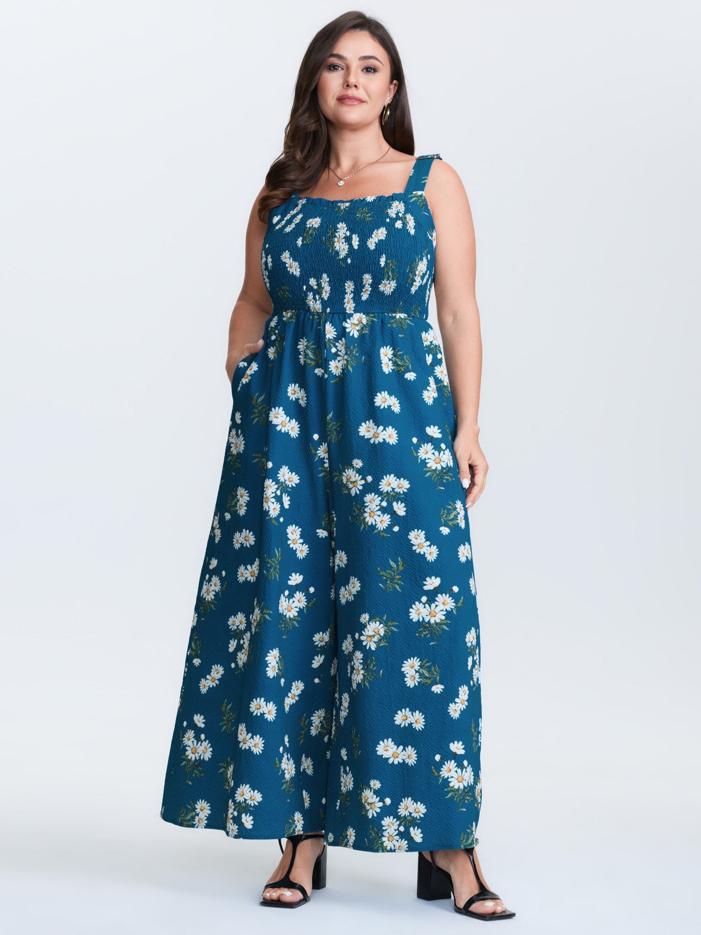 Stretchy Shirred Waist Floral Jumpsuit