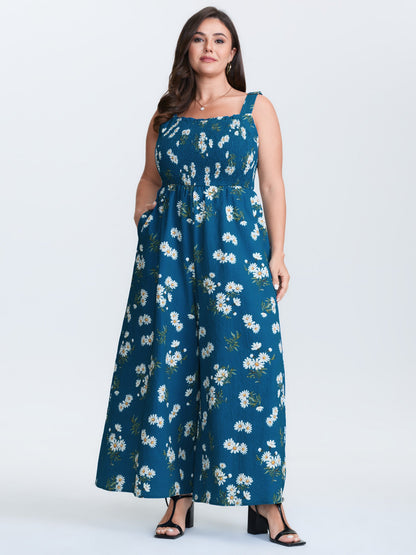 Stretchy Shirred Waist Floral Jumpsuit