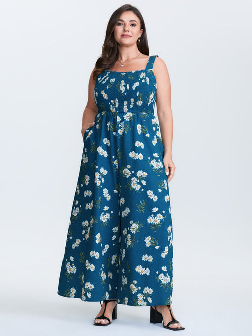 Stretchy Shirred Waist Floral Jumpsuit