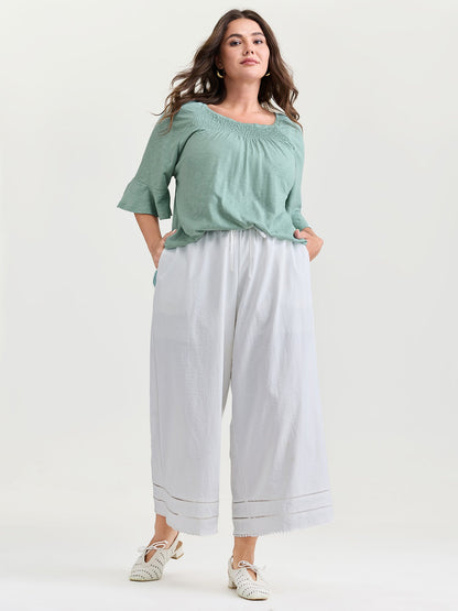 Ruffled Sleeve Shirred Neckline Plain Top