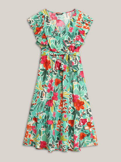Floral Wrap Patchwork Ruffle Cap Sleeve Dress