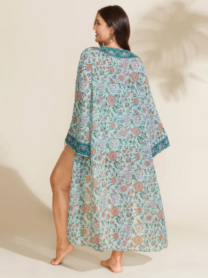 Floral Color Contrast Front-Tie Swim Cover-Up