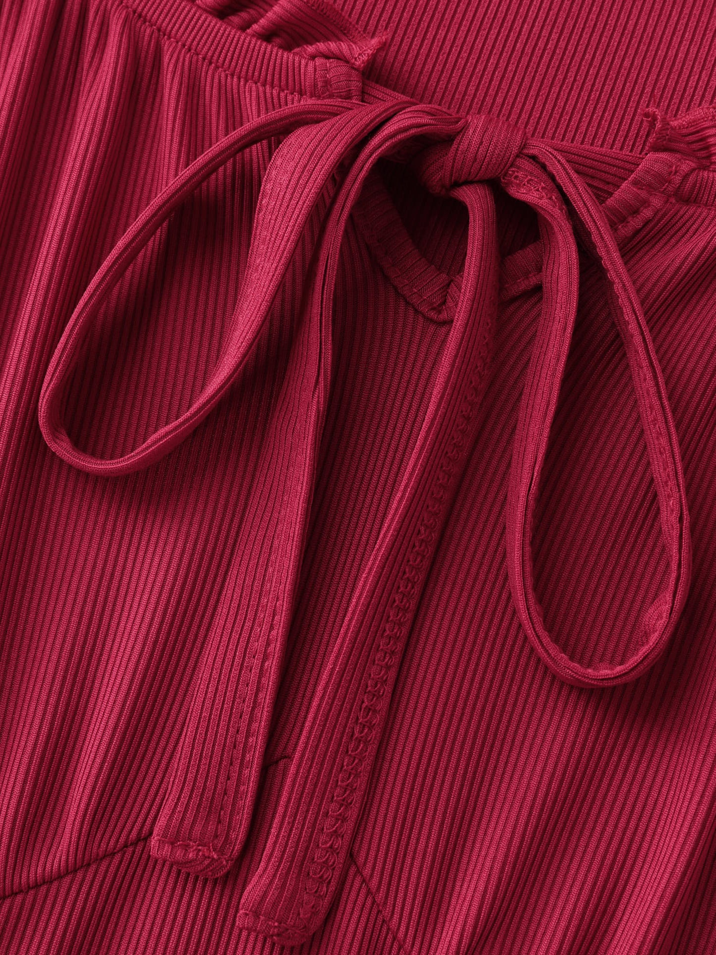 Stretchy Ribbed Drawstring Neckline Knit Top