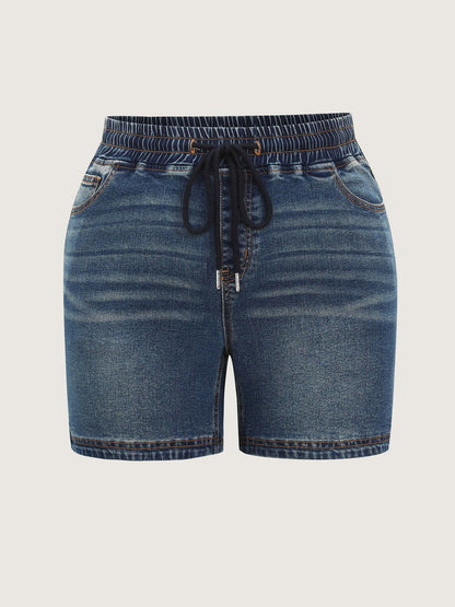 Stretchy Contrast Drawstring Skinny-Fit Denim Shorts