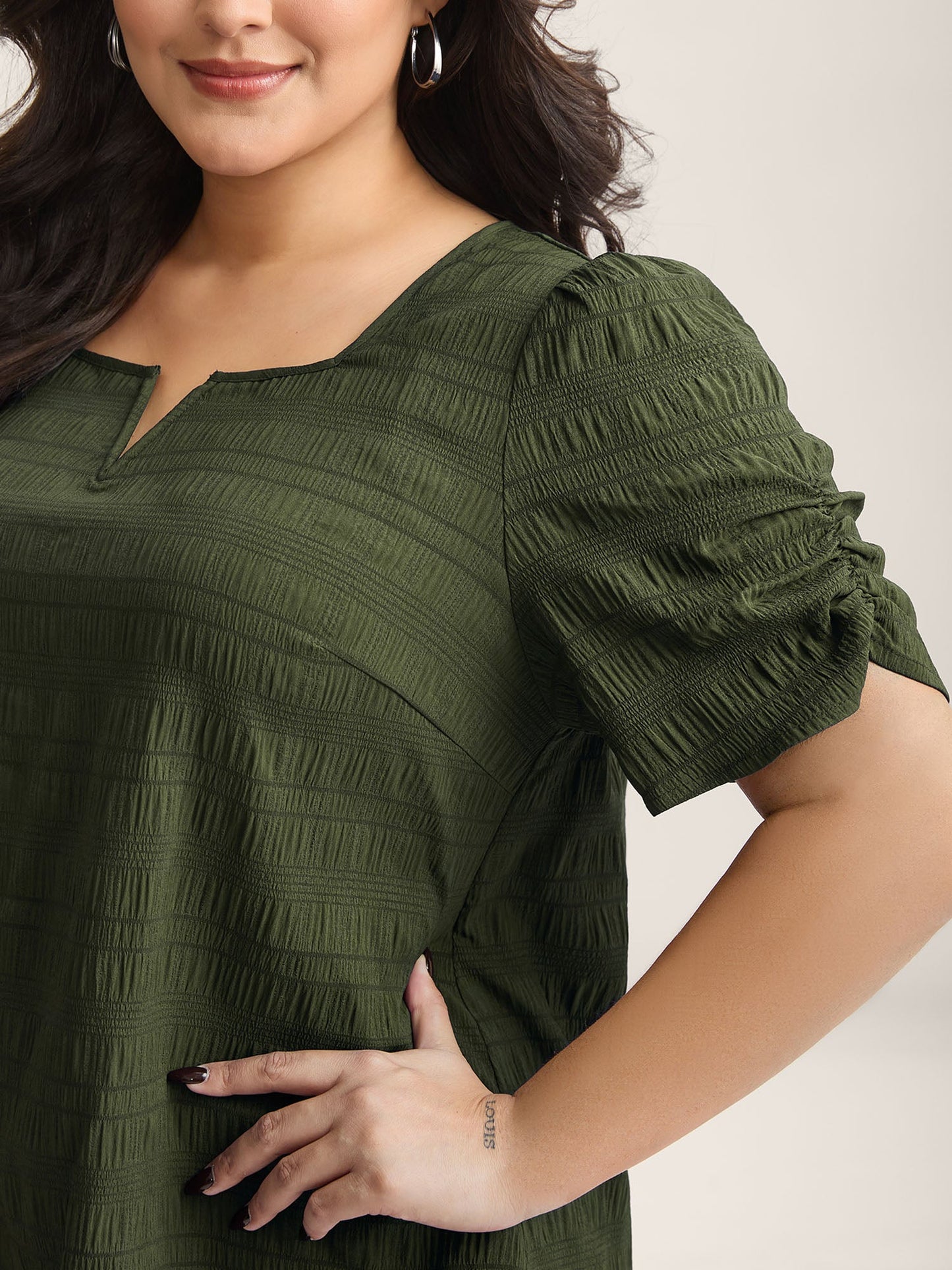 Textured Gathered Sleeve Split Neck Blouse