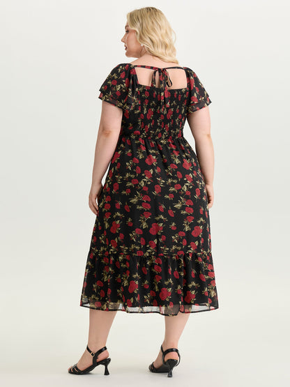 Rose Print Bustier Drawstring Midi Dress