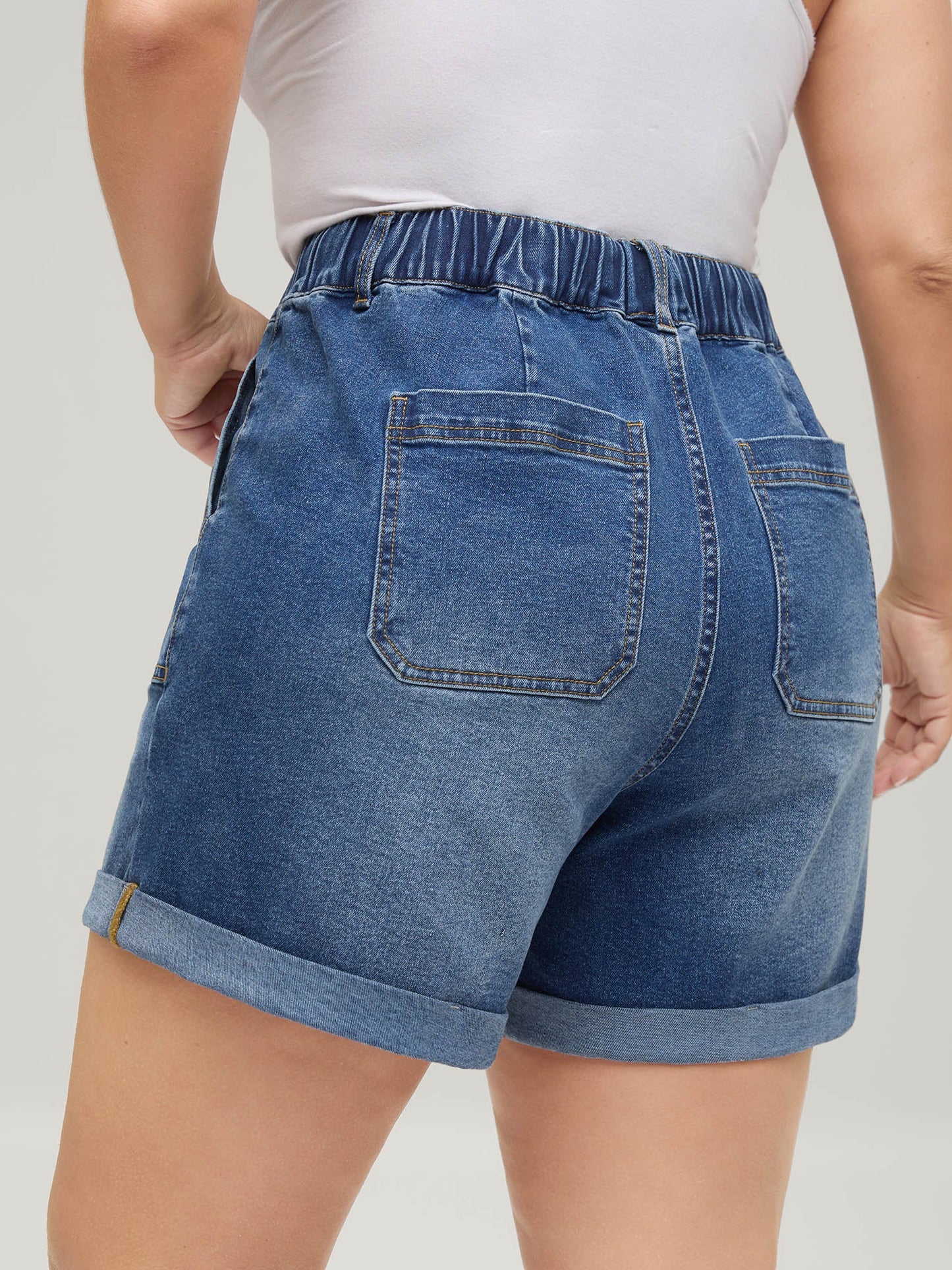 Pull-On Folded Hem High-Rise Denim Shorts