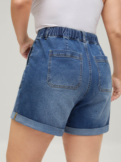 Pull-On Folded Hem High-Rise Denim Shorts