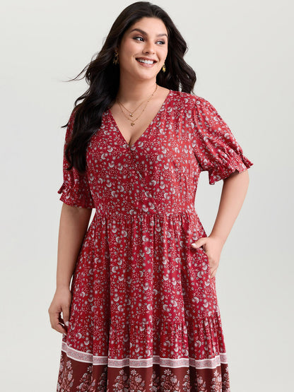 Vibrant Floral Print Color Contrast Maxi Dress