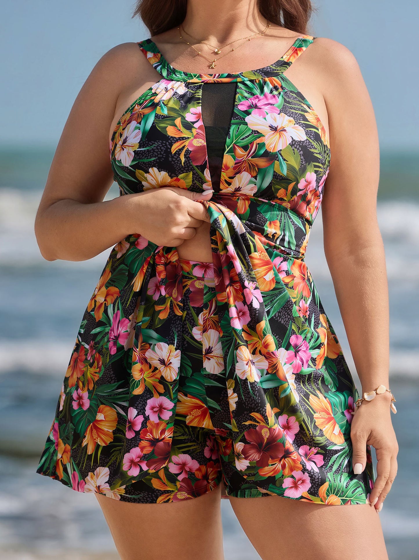 Tropical Floral Print Hip Coverage Swim Dress