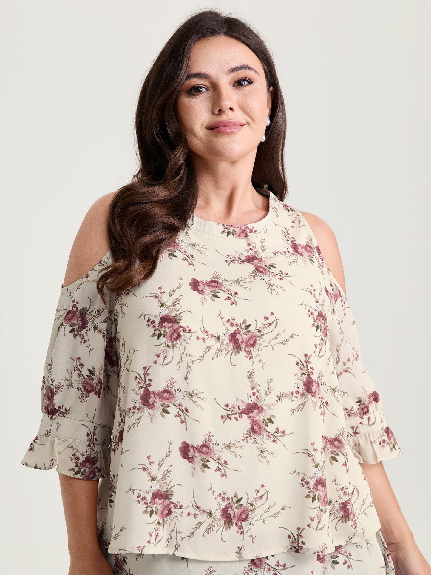 Blooming Floral Layered Hem Cut-Out Shoulder Blouse