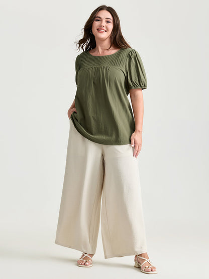 Pure Cotton Pleated Puffy Sleeve Blouse