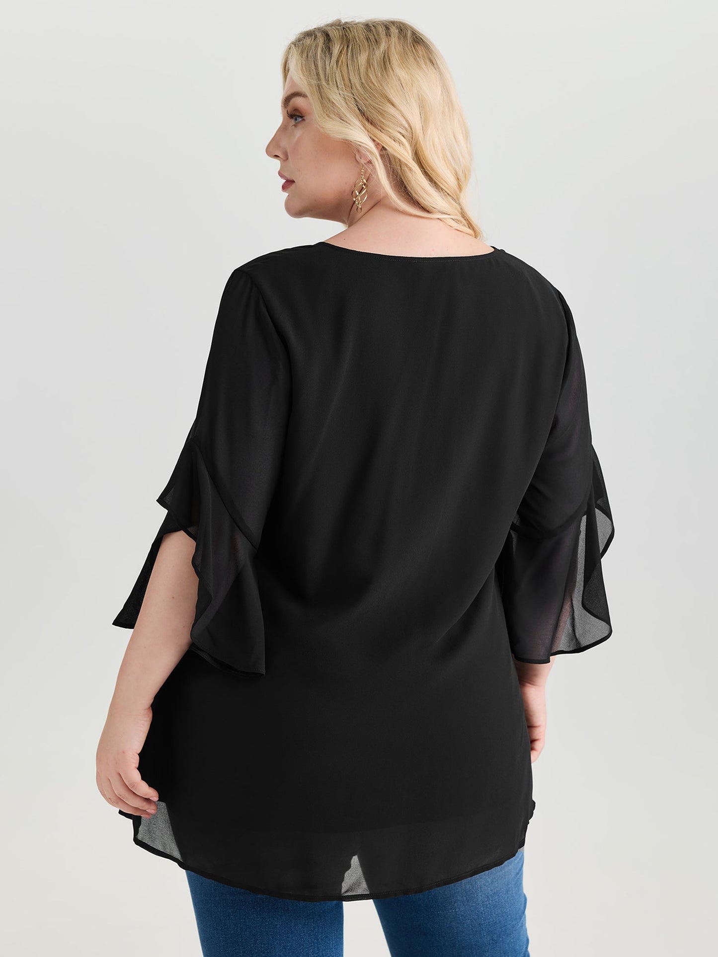 Sheer Flowy Ruffled Sleeve Plain Blouse