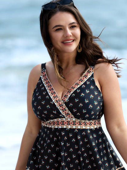 Boho Print Surplice Neck Contrast Swim Dress