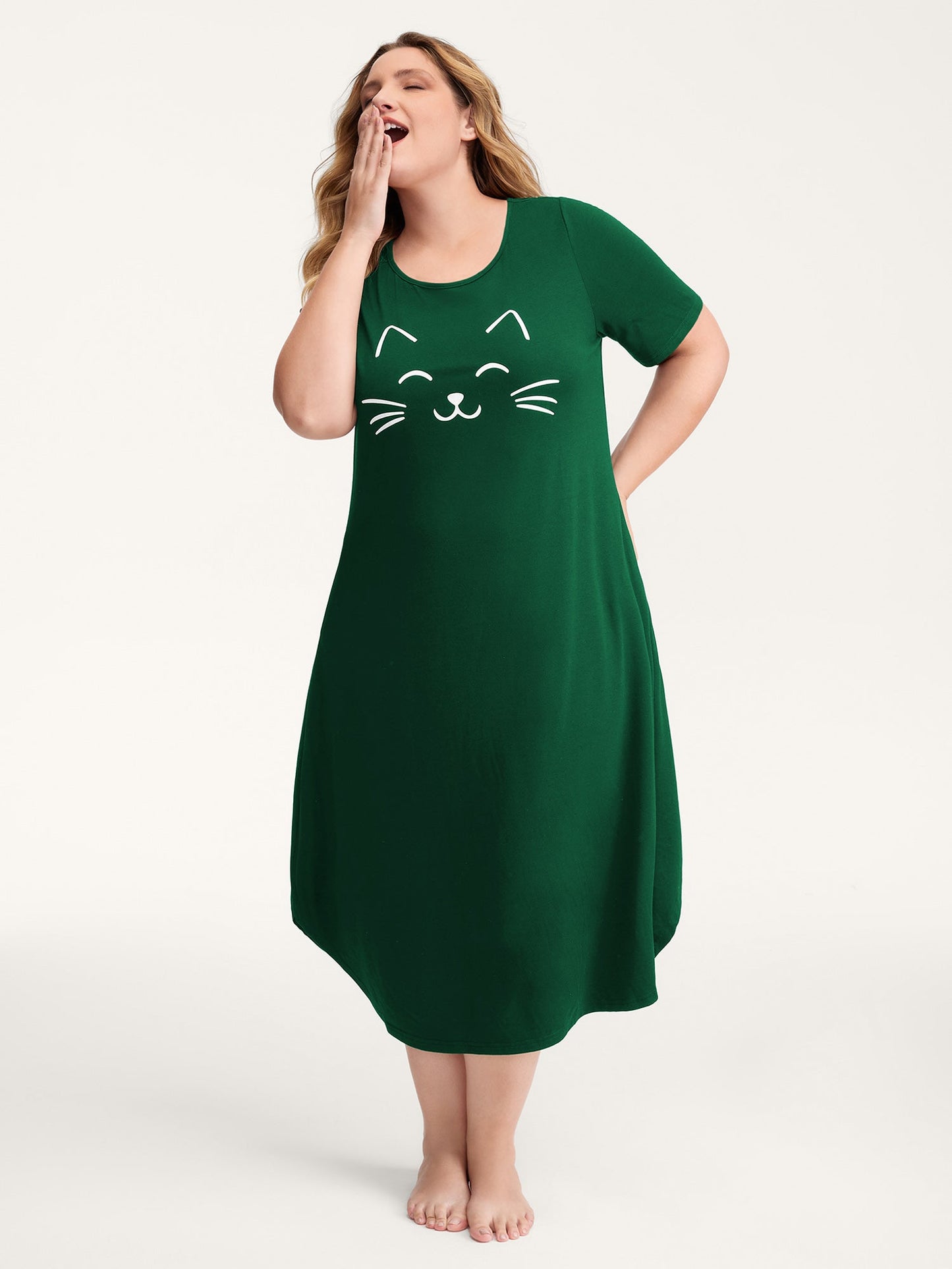 Happy Cat Print Stretchy Contrast Nightgown