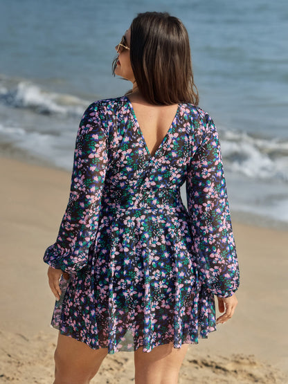 Floral Print Long Sleeve Layered Swim Dress