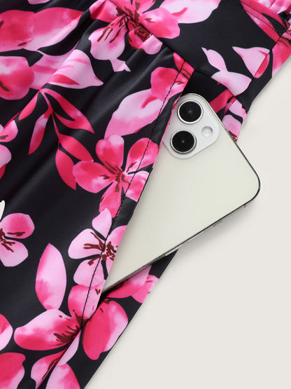 plus size Tropical Flower Print Pockets One-Piece Swimsuit