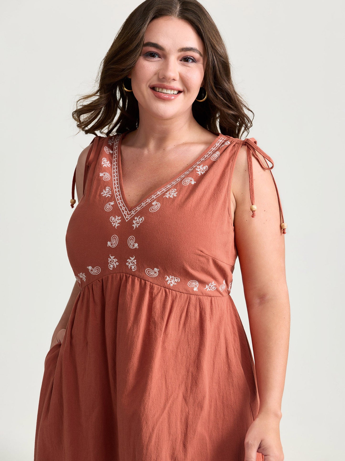 Pure Cotton Embroidered Adjustable Shoulder Midi Dress