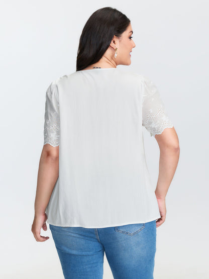 Embroidery Scalloped Sleeve Plain Blouse
