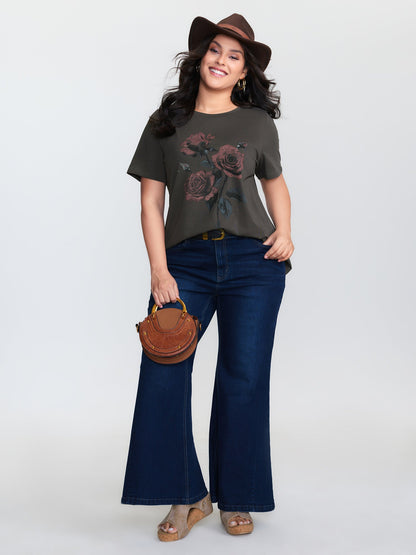 Rose Print Distressed Wash T-Shirt