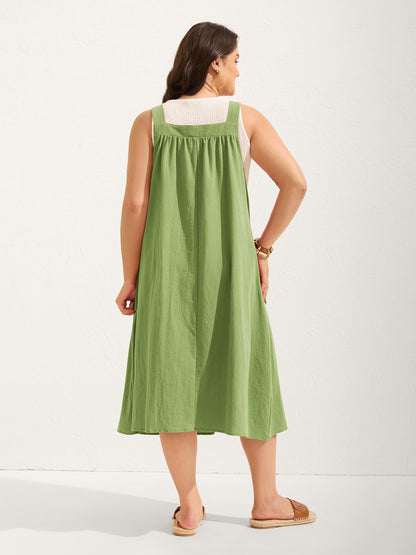 plus size Pure Cotton Pleated Pockets Midi Dress