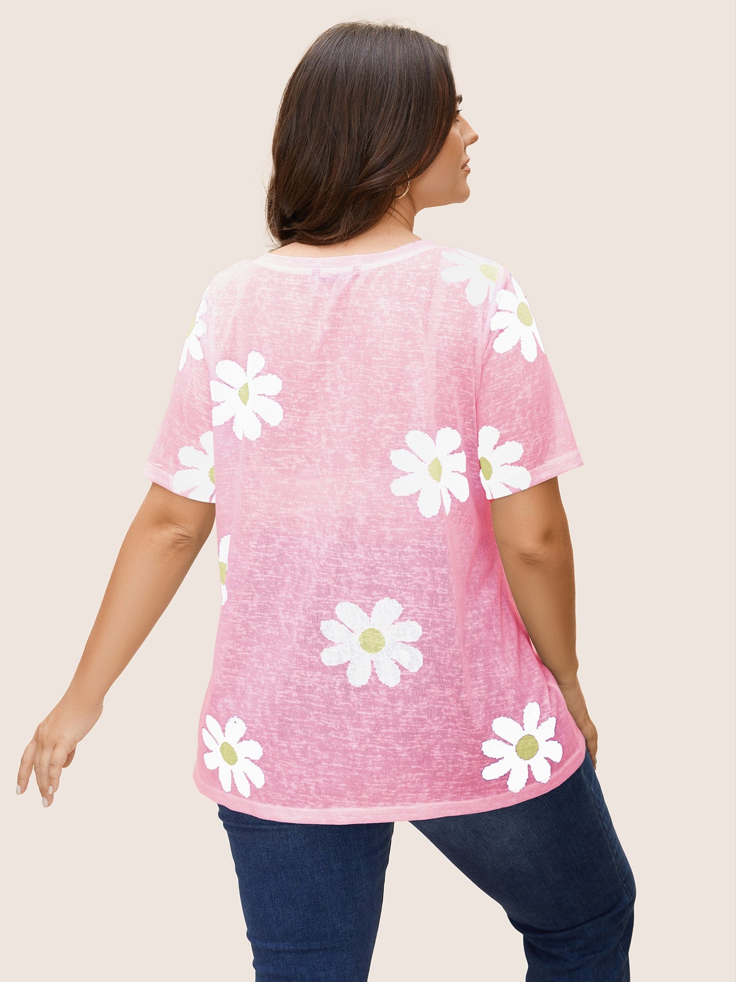Colored Floral V Neck See Through T-Shirt