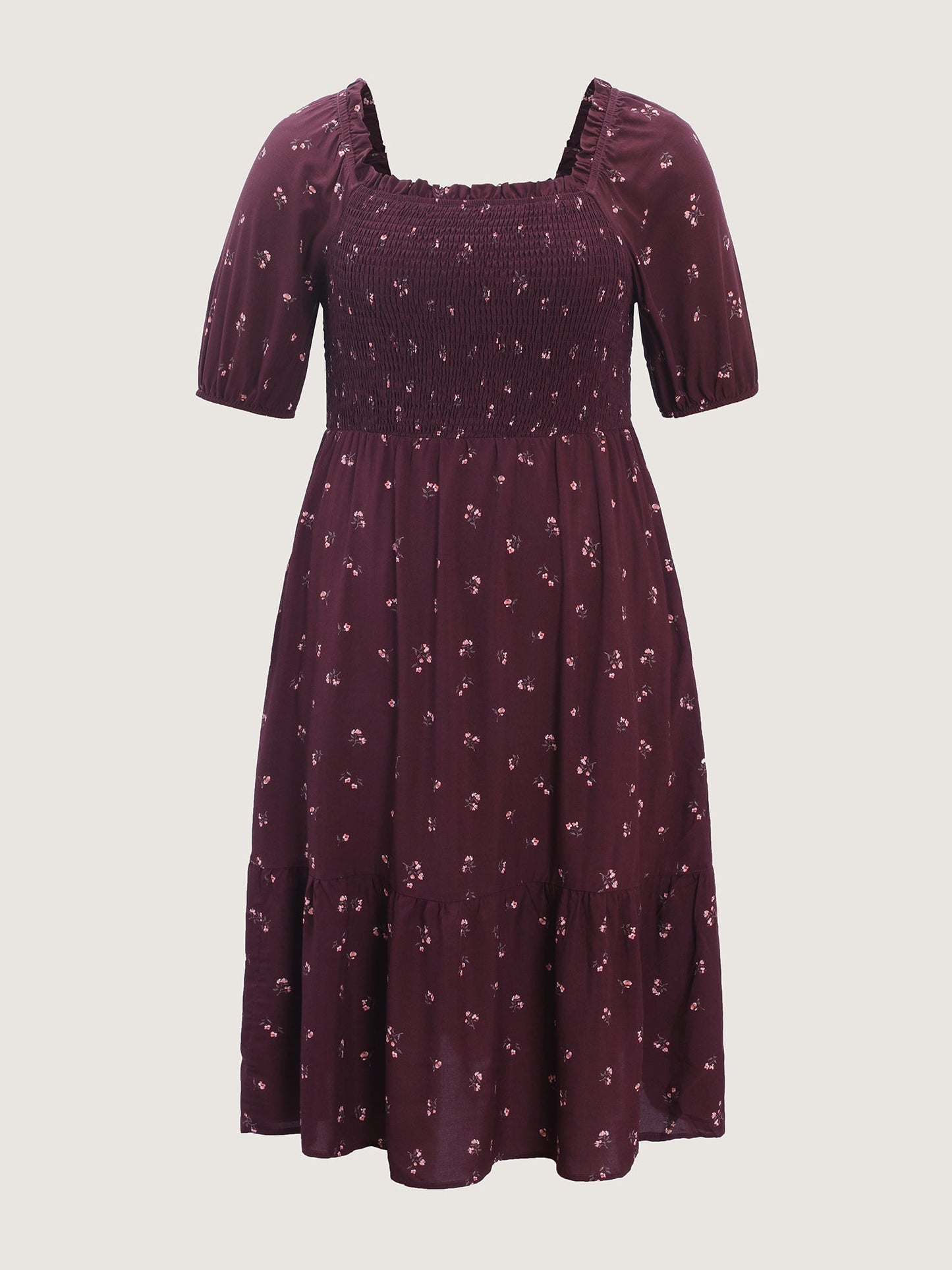 plus size Micro Floral Shirred Bodice Midi Dress