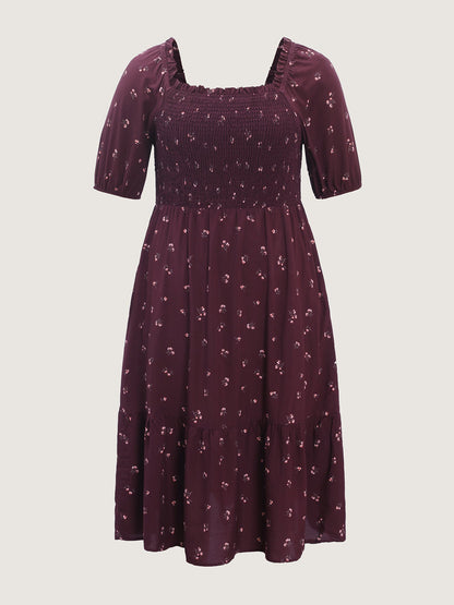 plus size Micro Floral Shirred Bodice Midi Dress