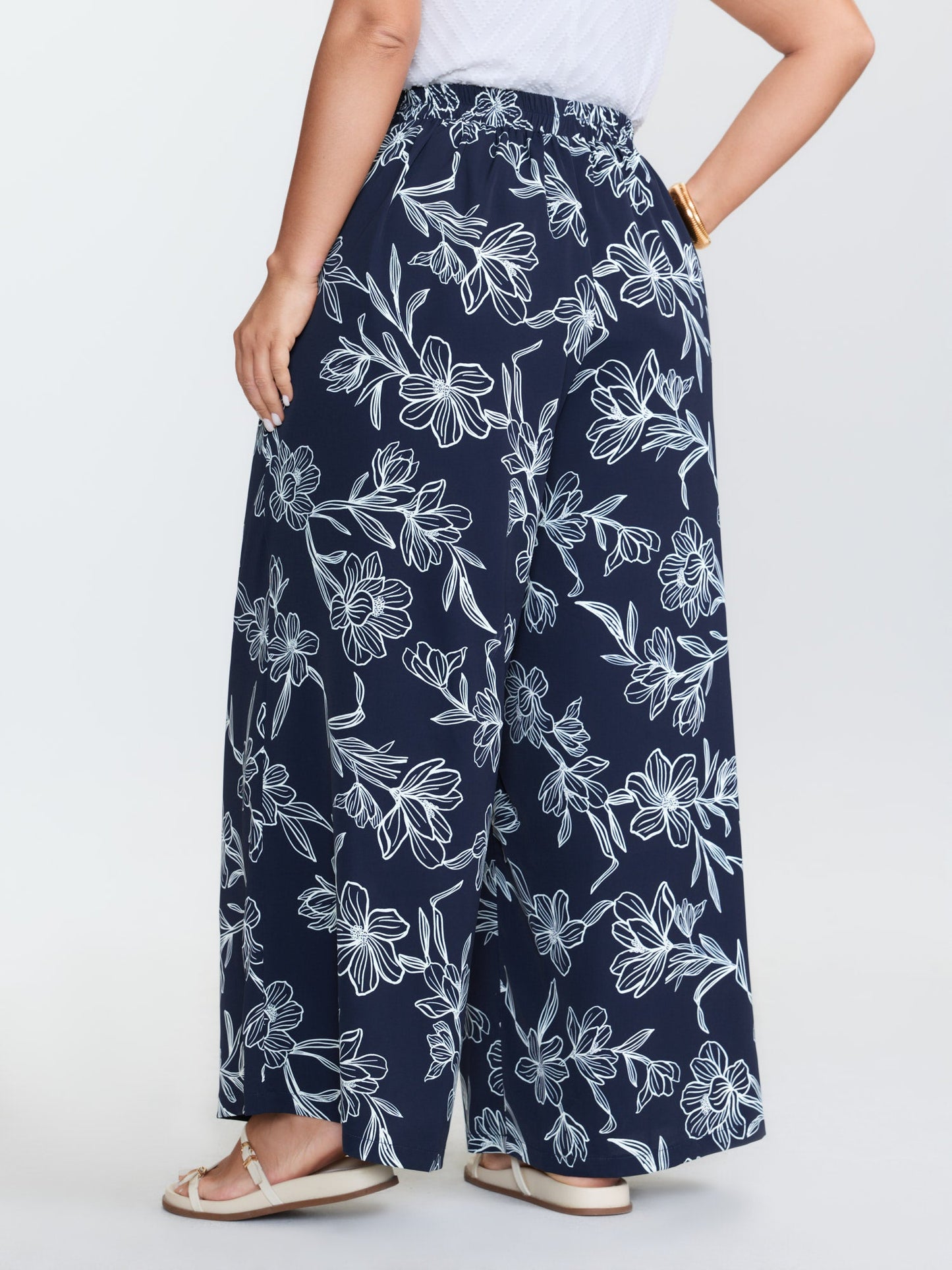 Floral Print Pull-On Wide-Leg Pants