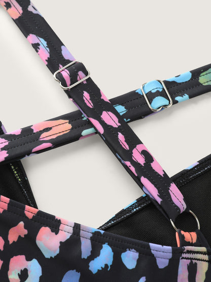 Colorful Leopard Print Cut-Out Swim Top