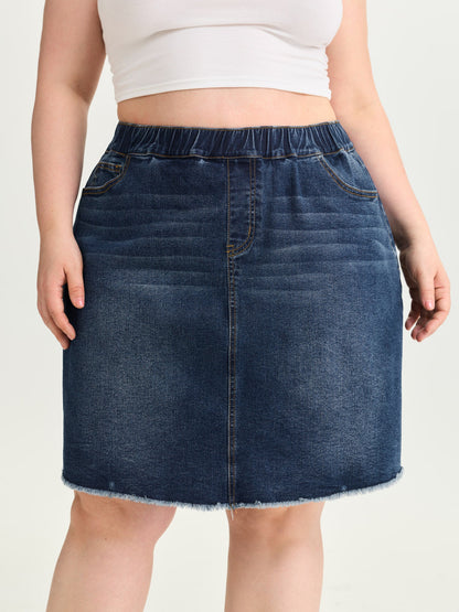 Stretchy Raw Hem Straight Leg Denim Skirt