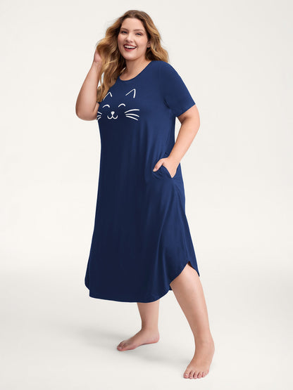 Happy Cat Print Stretchy Contrast Nightgown