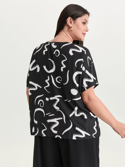 Abstract Print Cut-Out Neckline Blouse