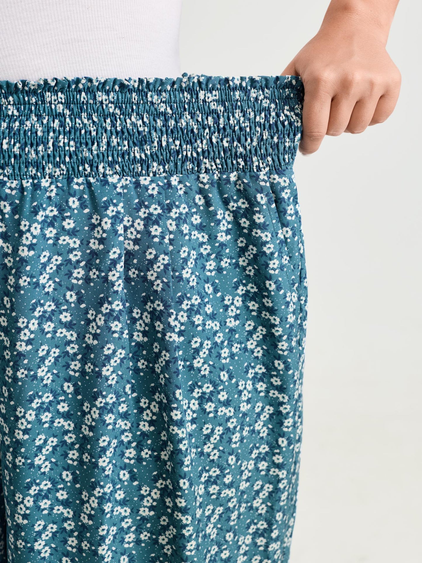 Micro Floral Print Wide Shirred Waistband Pants