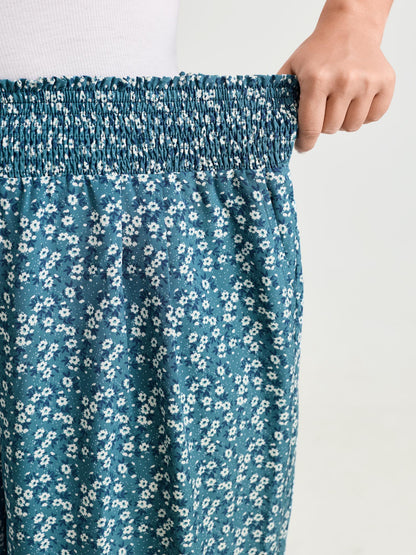 Micro Floral Print Wide Shirred Waistband Pants